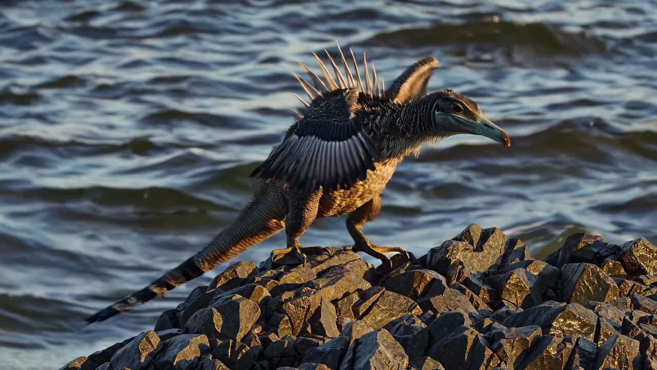 Fantasy Dinosaur-Bird Hybrid on Rocks by the Sea
