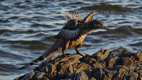 fantasy dinosaur-bird hybrid on rocks by the sea