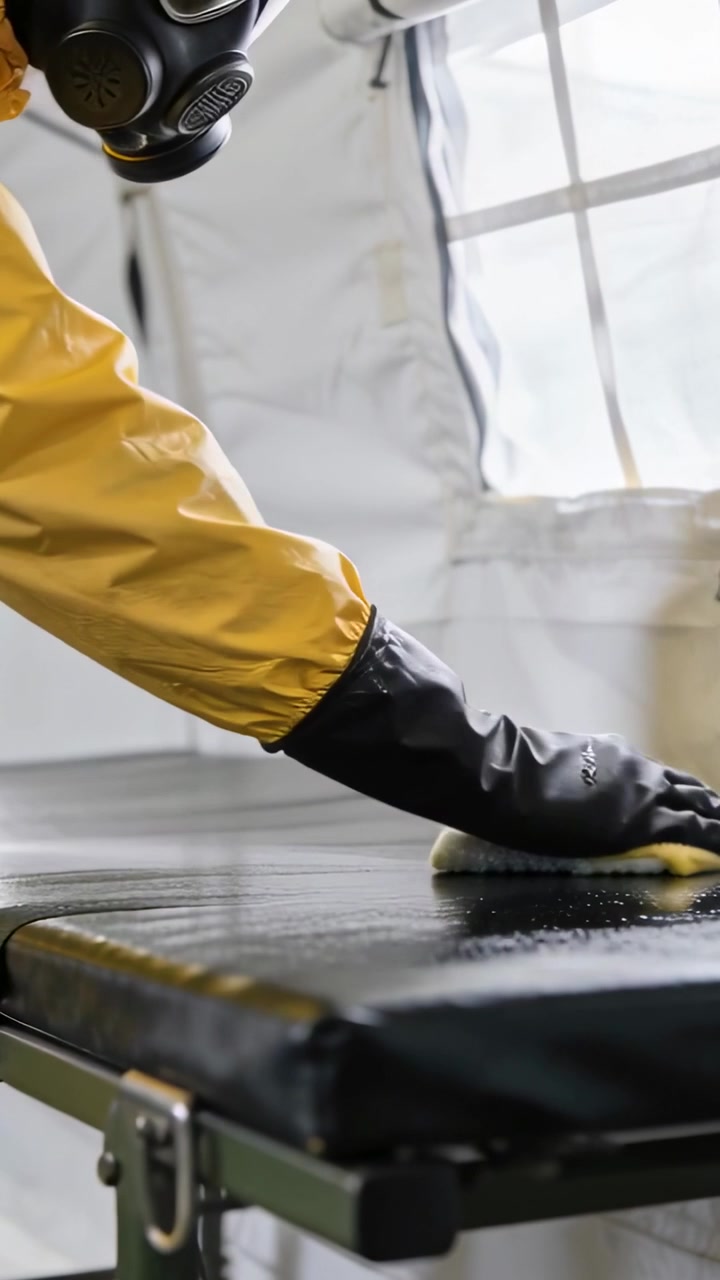 Vertical video: Wiping worker in yellow suit readying padded table for patients in tent, copy space