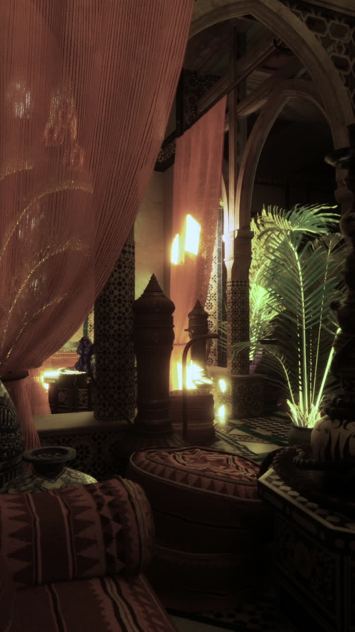 Elegant moroccan interior with intricate design and warm lighting ambiance