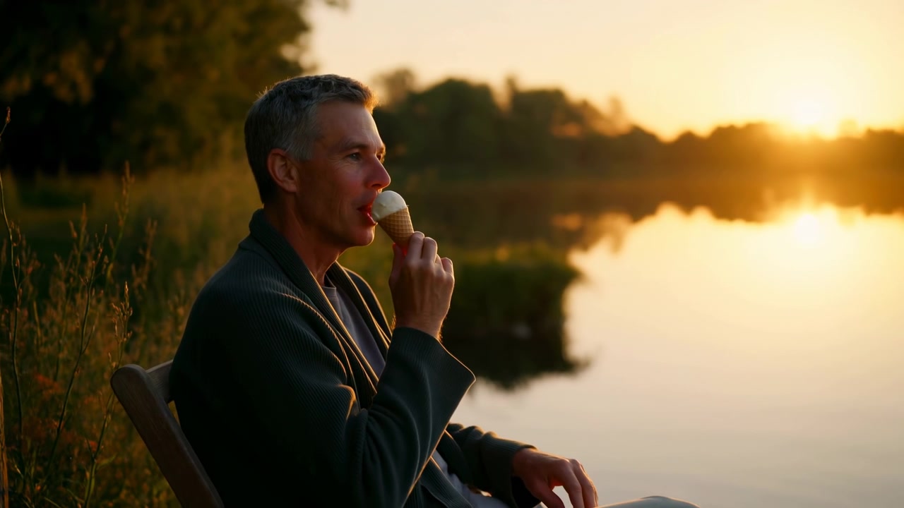 Seated in profile on a wooden chair, adult man tastes ice cream beside still water, then lowers cone and looks toward sunlit lake as golden evening light glows behind him.