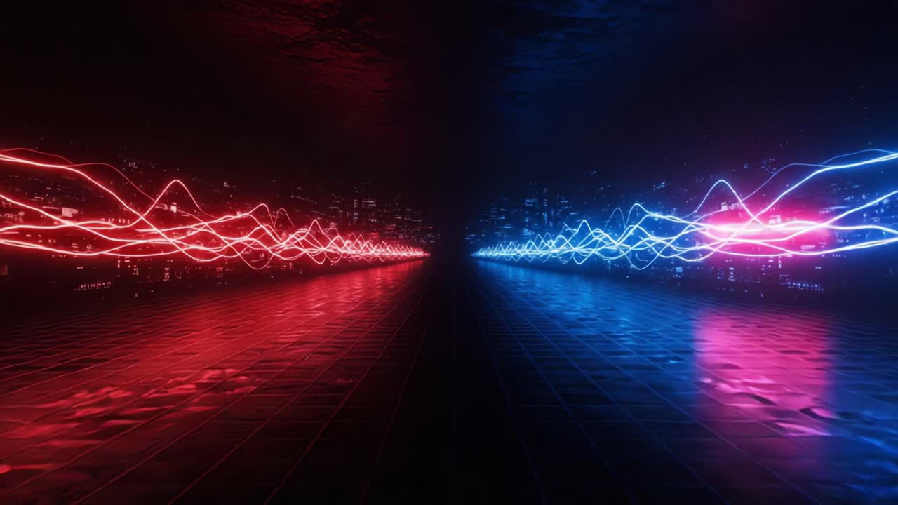 Visual Representation of Contrast: Vibrant Red and Blue Waves in a Dark Digital Environment with Reflections and Abstract Design