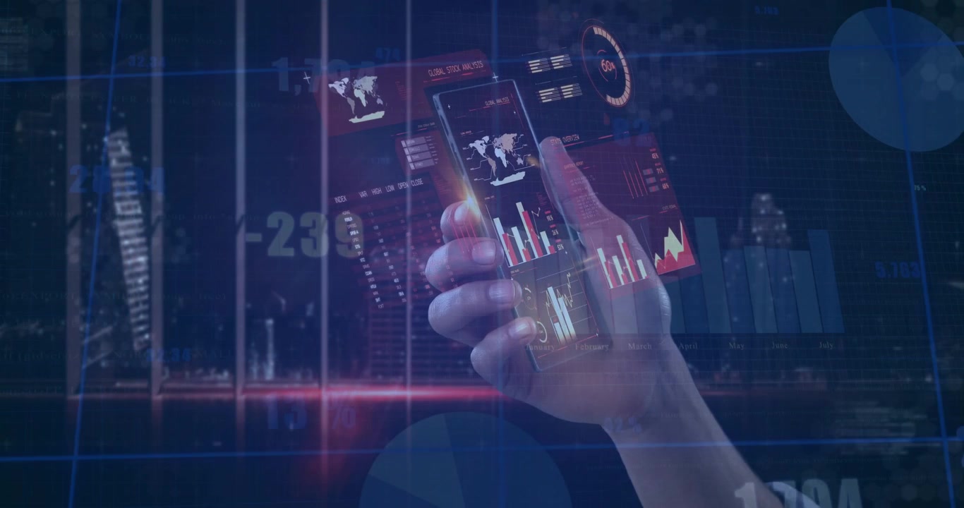 Hand tapping glowing icon, causing scrolling chart growing into hologram financial dashboard