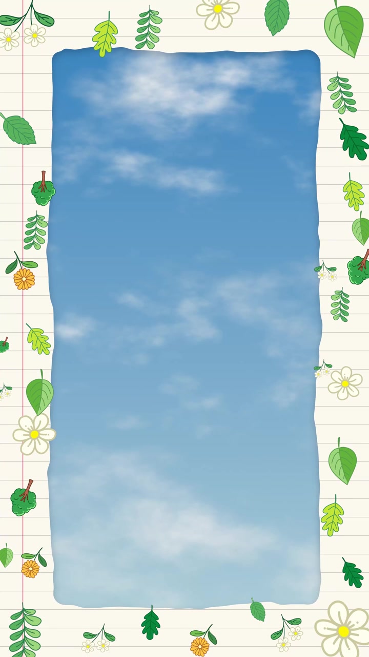 Hand drawn doodle border with leaves and flowers on lined notebook paper over blue sky.