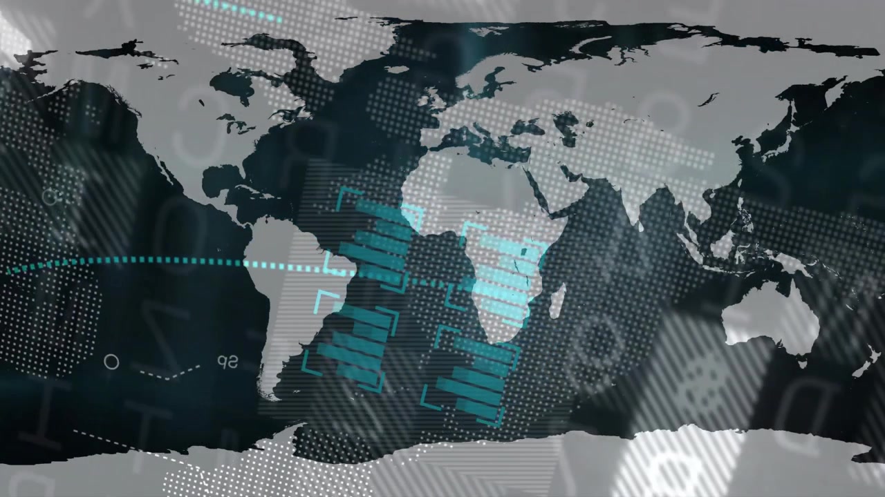 On teal rays sweeping world map unfolding, data sliding, arc tracing and bars pulsing for analytics