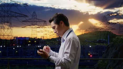 side view of an asian male professional worker standing with his smartphone near high voltage tower, industrial facility, checking with dissapionted and nodding his head