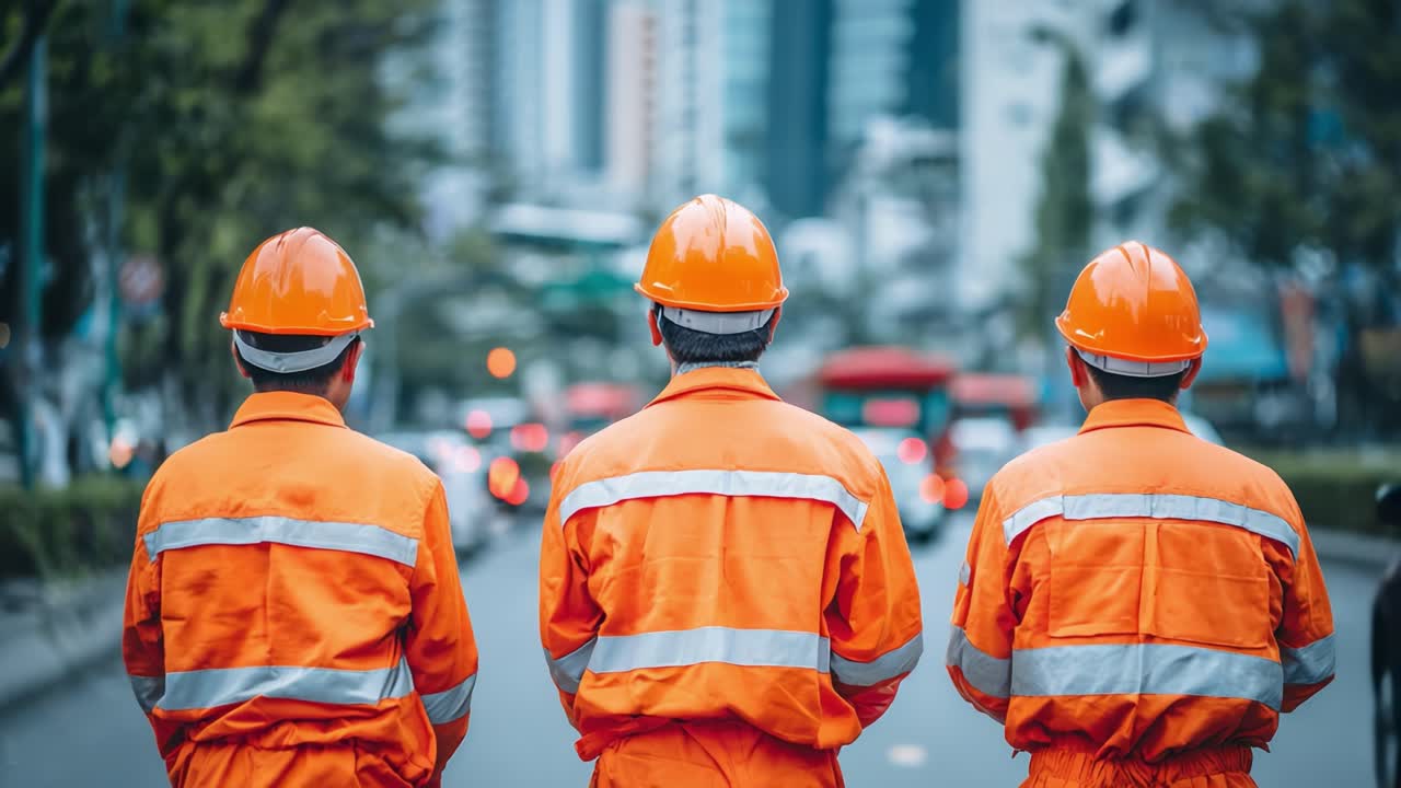 Three Construction Workers in Safety Gear Observing a Busy Urban Street, Symbolizing Teamwork and Commitment to Safety in a Dynamic Work Environment