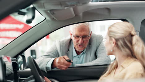 a customer receives the keys to a new car from a salesman