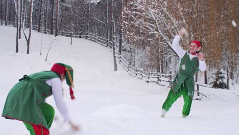santa claus elves play snowballs on a snowy field against the background of the forest