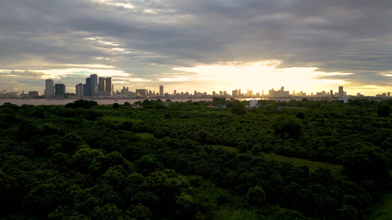 Lush green forest with Phnom Penh city skyline at sunrise, under a cloudy sky
