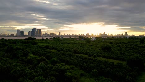 lush green forest with phnom penh city skyline at sunrise, under a cloudy sky