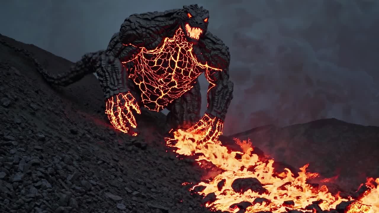 Lava Dragon Emerging from Volcano