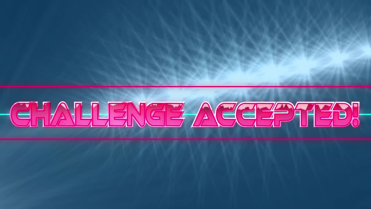 Challenge accepted text over neon banner against spots of light on blue background