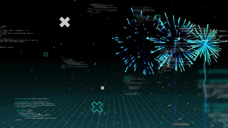 Fireworks and data processing animation over grid with coding elements