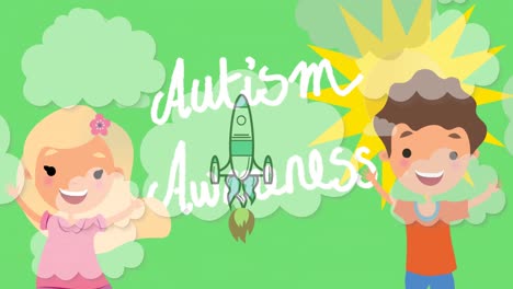 animation of autism awareness text with happy boy and girl and space rocket taking off