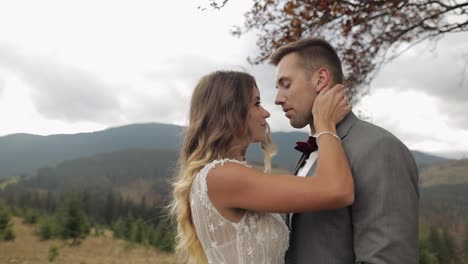 encantadores jóvenes recién casados novia novio abrazándose en la ladera de la montaña, tomados de la mano, pareja de bodas familia