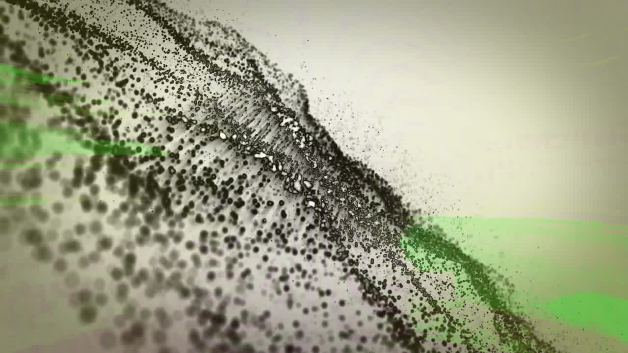 Animation of black and green particles forming dynamic wave pattern on light background