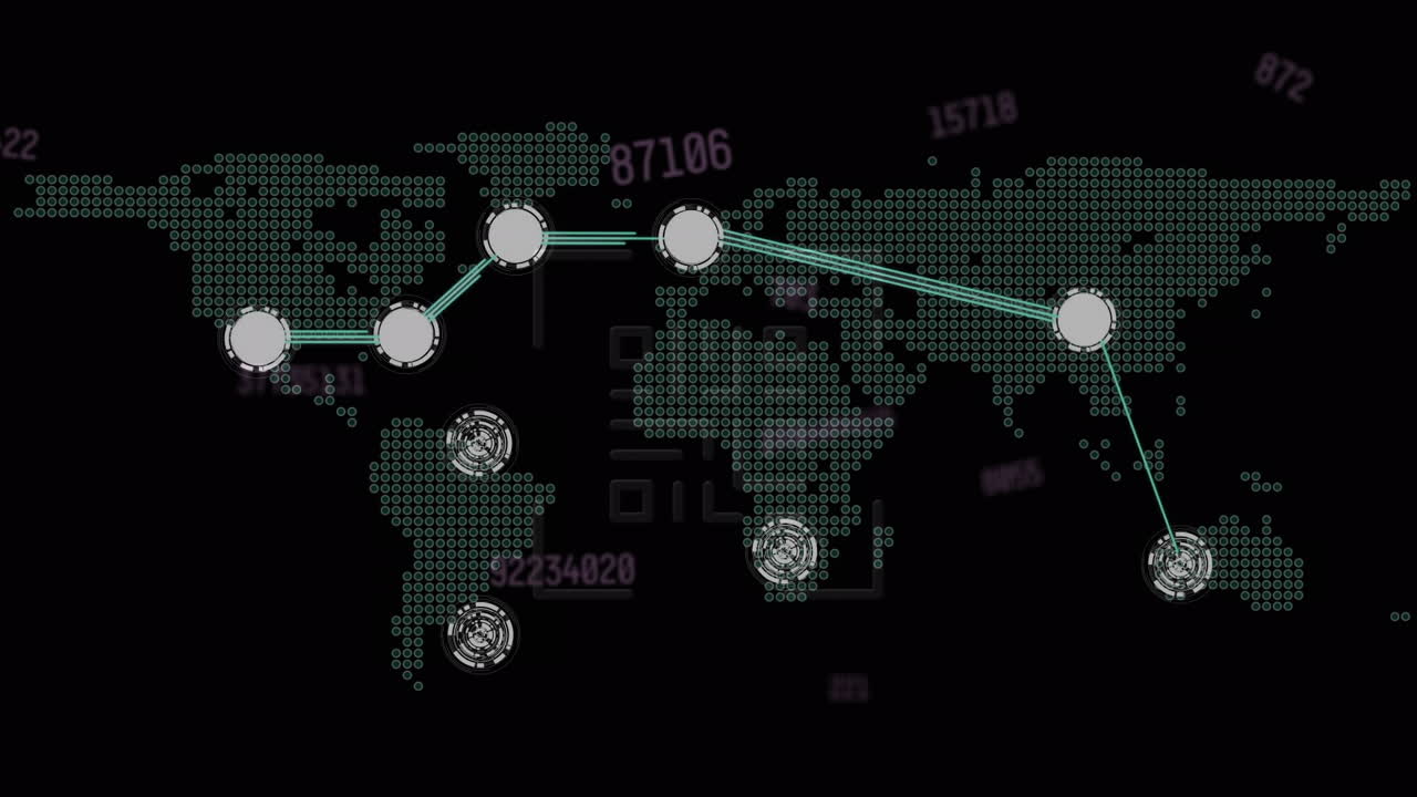 데이터 처리 및 qr 코드 네트워크 및 검은색 배경의 세계 지도의 애니메이션