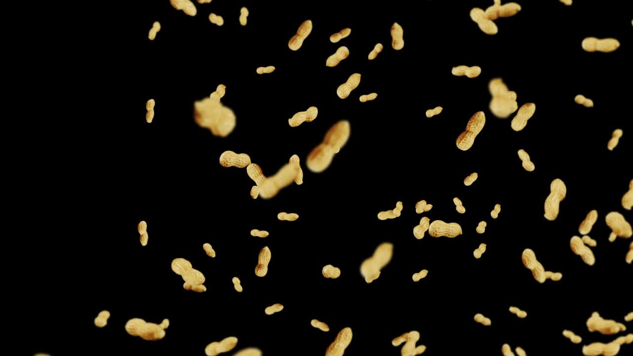 volare molte arachidi su sfondo nero. arachidi crudi. arachidi in gusci. cibo biologico sano. animazione a ciclo 3d della rotazione dei semi.
