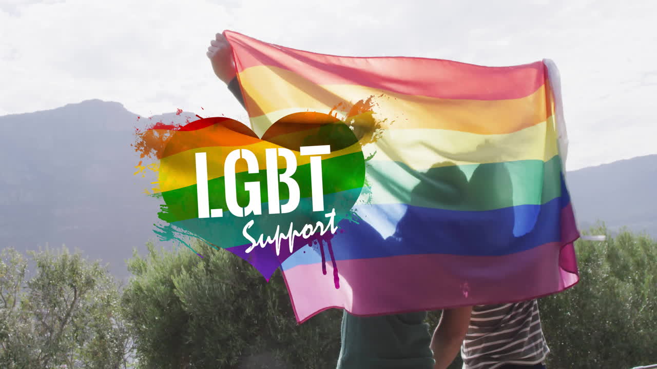 LGBT support text animation over people holding rainbow flag outdoors
