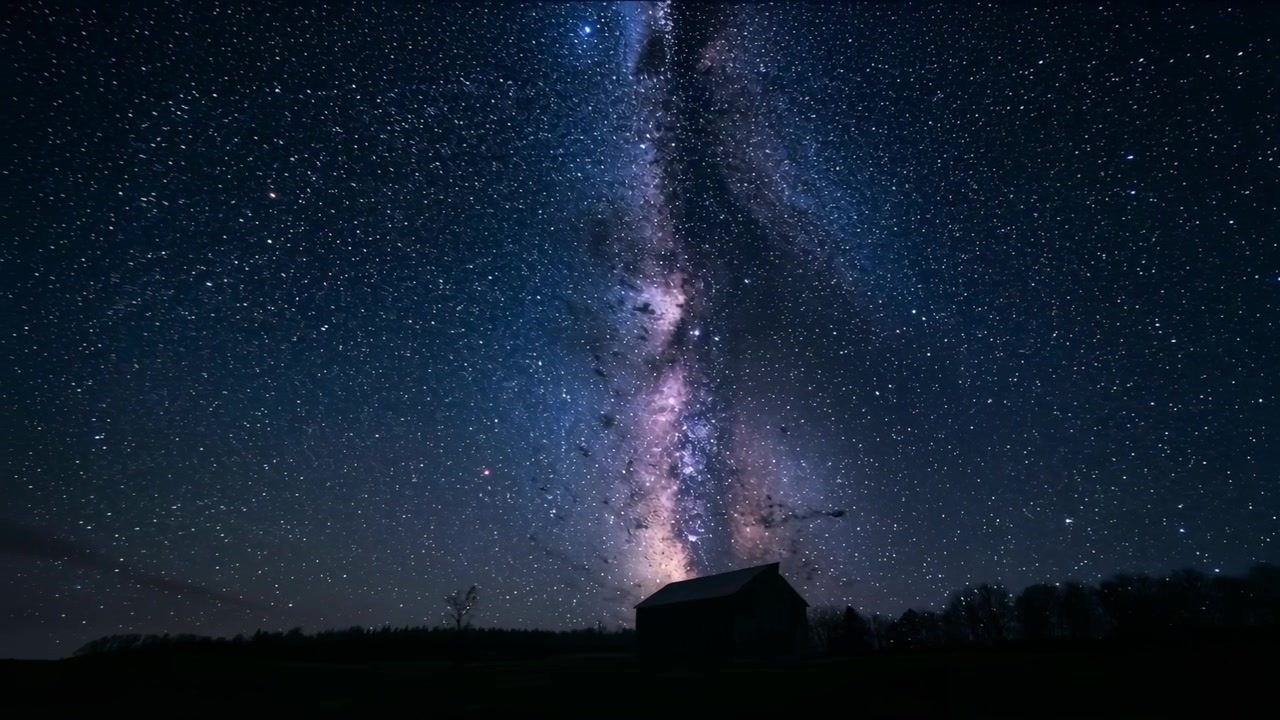 Recording timelapse camera capturing Milky Way motion above barn rural horizon, for sky study