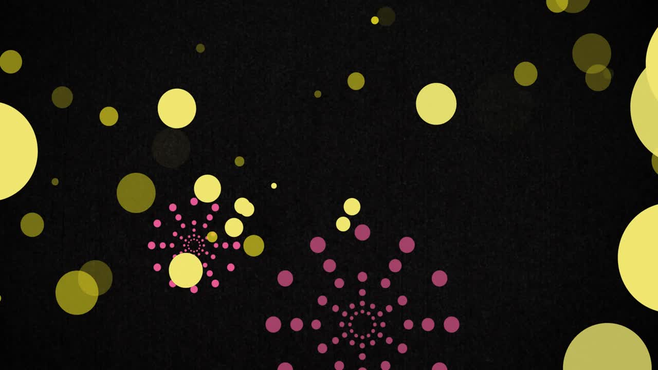 Animazione di esplosioni di fuochi d'artificio rosa e punti luce bokeh gialli su sfondo nero