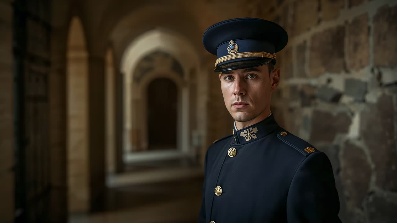 Camera recording officer tilting head, gazing at lens as posing in cloister, peaked cap, copy space