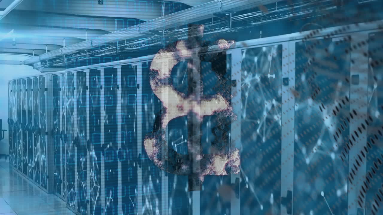 암호화폐, 바이너리 코딩 및 컴퓨터 서버를 통해 데이터 처리의 애니메이션