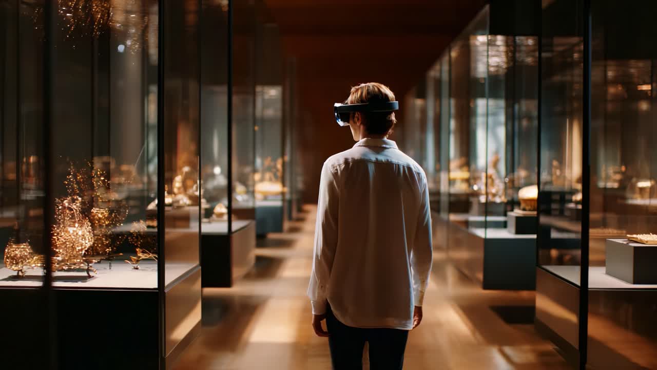 A Visitor Engages with an Immersive Art Experience in a Modern Exhibition Space Showcasing Stunning Artifacts and Displays Through Innovative Technology and Virtual Reality Interaction