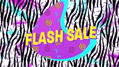 Digitale-Animation-Von-Flash-Sale-Text-Auf-Violettem-Banner-über-Zebrastreifenmuster-Auf-Weißem-Hintergrund