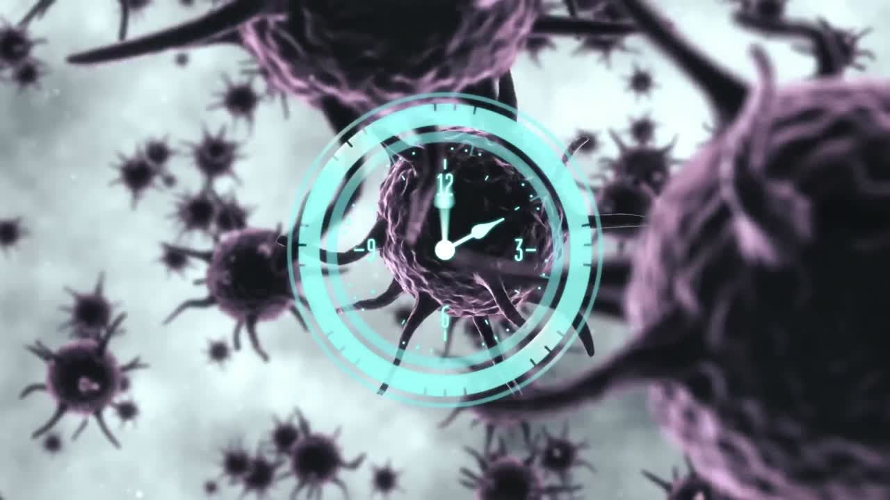 animación del reloj y el escáner circular que gira sobre las células de covid 19