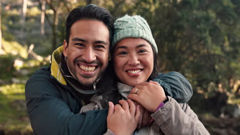 Hiking,-couple-face-and-outdoor-in-woods