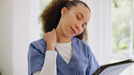 nurse, tablet and woman with neck pain