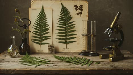 exploring botanical wonders: a study of ferns and plants under a microscope, capturing the intricacies of nature in a science lab setting