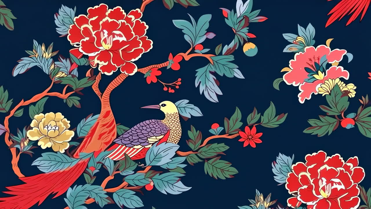 Vibrant Chinoiserie Bird and Floral Pattern