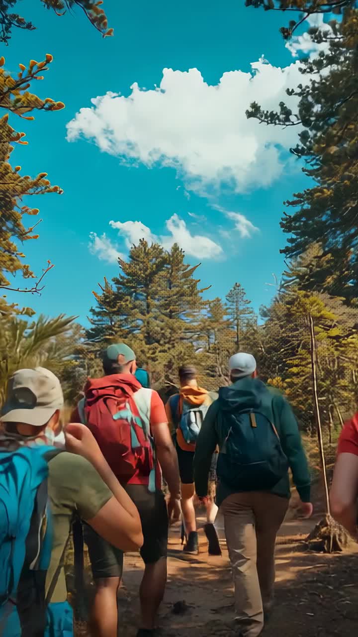 Video verticale: gruppo di escursionisti con zaini e berretti che percorrono un sentiero nel bosco, il sole li incoraggia a proseguire