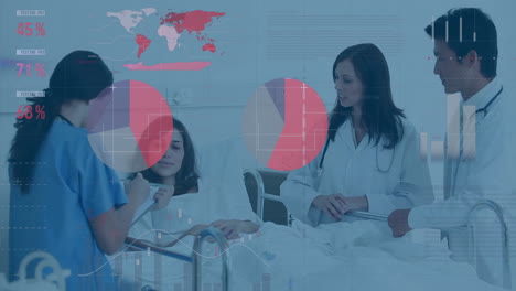 animation of data processing and diagrams over diverse doctors with patient talking in hospital