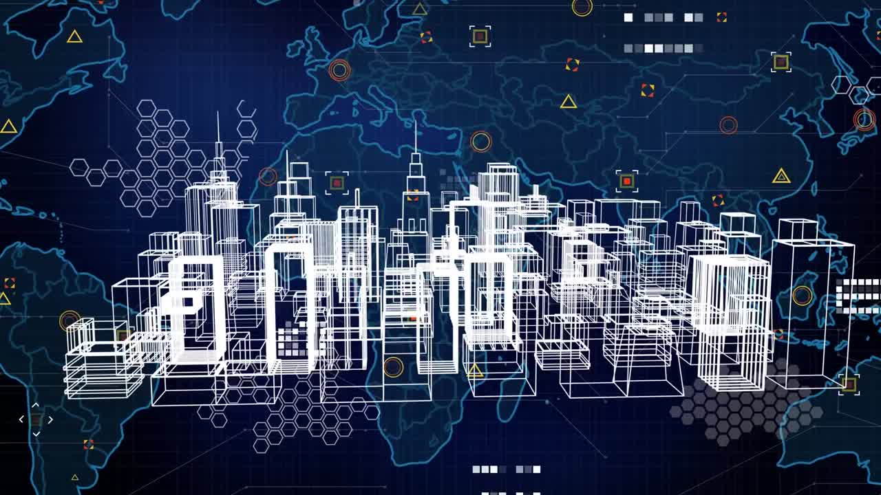 animación de la ciudad digital sobre el mapa del mundo con procesamiento de datos en fondo negro