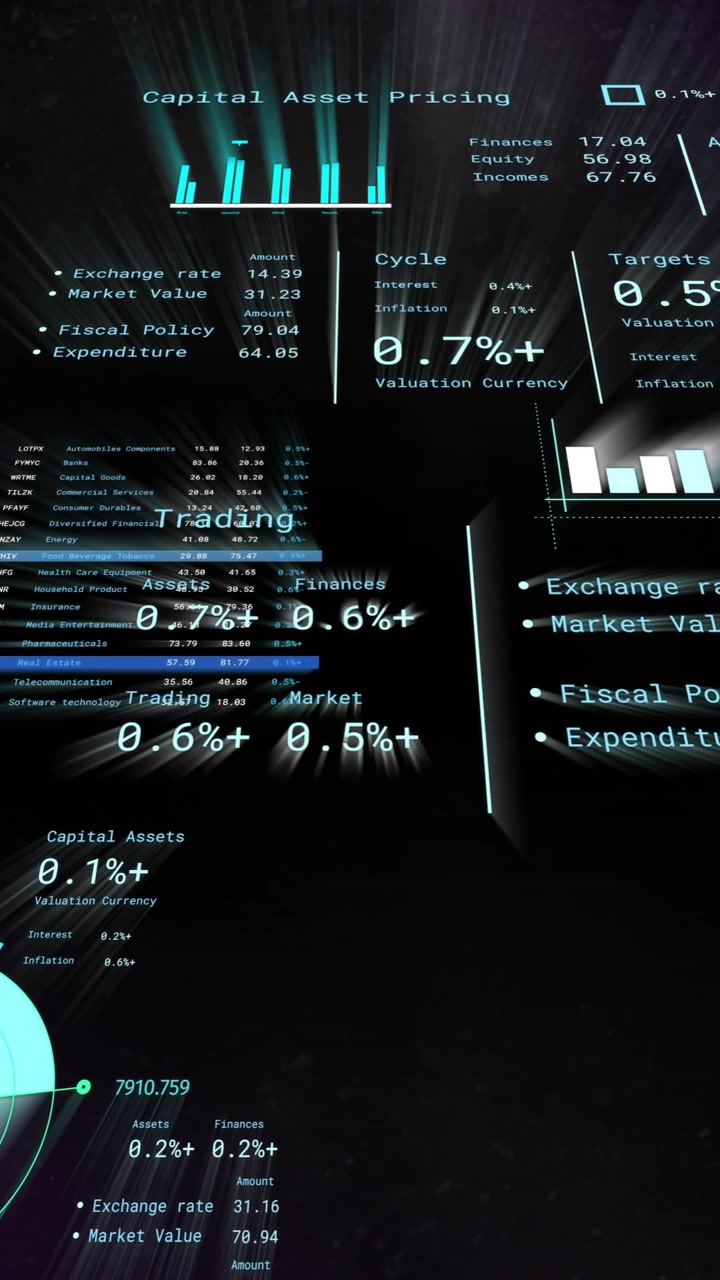 Animasjon av futuristiske grafer og diagrammer som svever i mørkt rom
