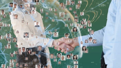 animation of portraits of diverse people over business handshake