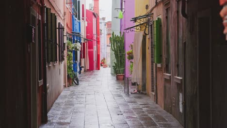 narrow street of peaceful burano with colourful houses on wet day