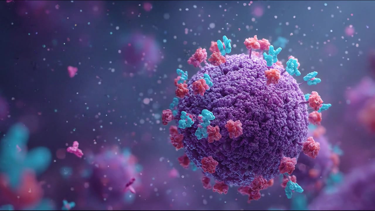 Microscopic View of Virus Cells and Antibodies in Fluid