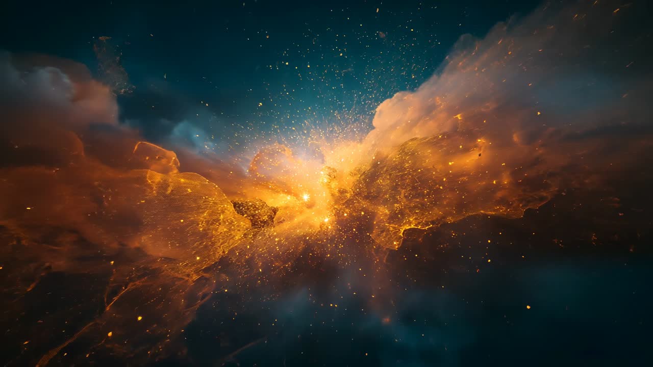 Intensifying golden nebula core pushing filaments outward in space, revealing finer dust detail