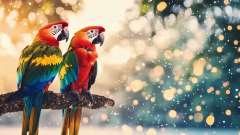 colorful parrots on a branch with bokeh lights