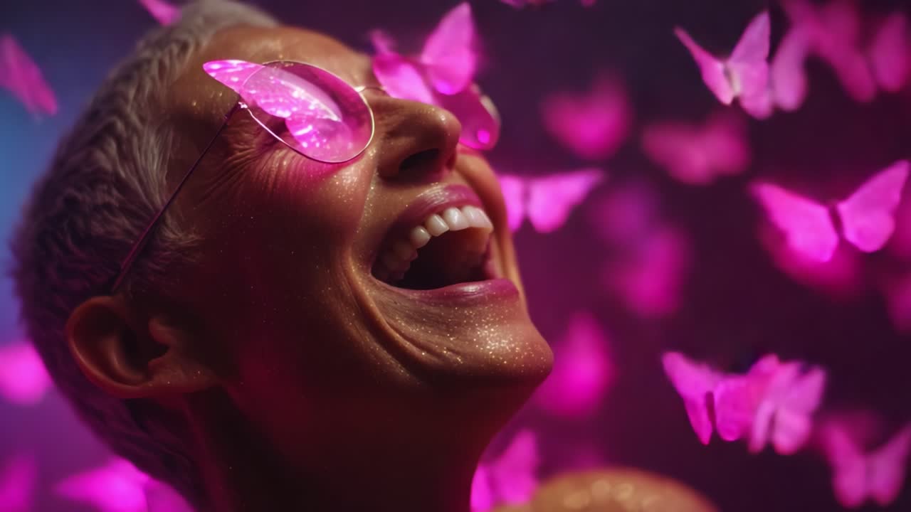 Joyful Woman Smiling Surrounded by Colorful Butterflies and Sparkling Glitter in a Vibrant and Dreamlike Atmosphere, Embracing Happiness and Freedom in a Stunning Visual Display