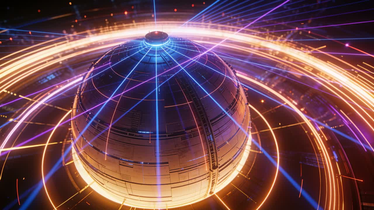 Sfera segmentata pulsante che emette impulsi apicali in un hub tecnologico, anelli arancioni, raggi blu, raggi viola.