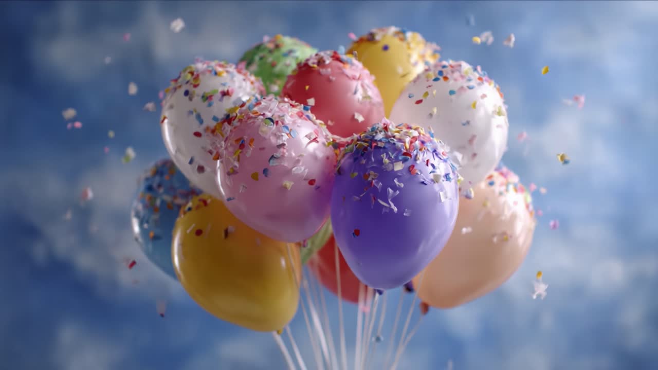A Vibrant Collection of Colorful Balloons Topped with Festive Confetti Against a Clear Sky Background, Perfectly Capturing the Joy of Celebration and Festivity