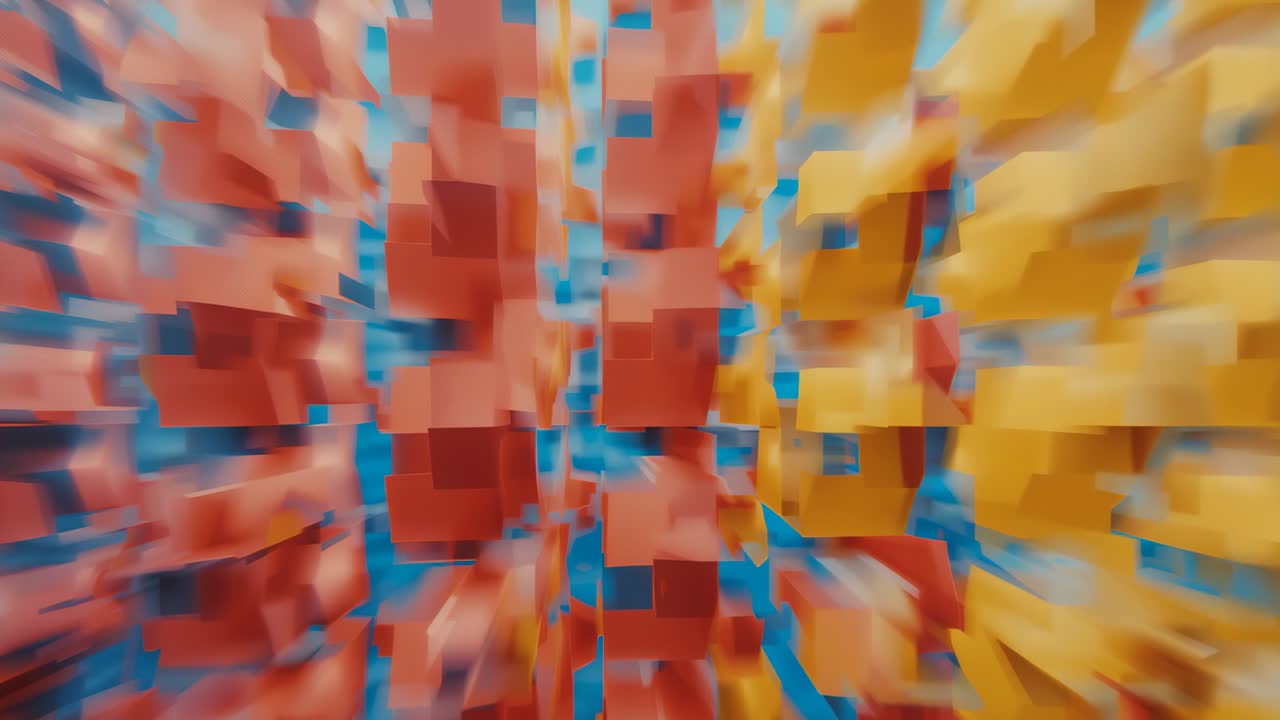 On start camera shifting forward through 3D grid of red yellow blue cubes, forming tunnel effect