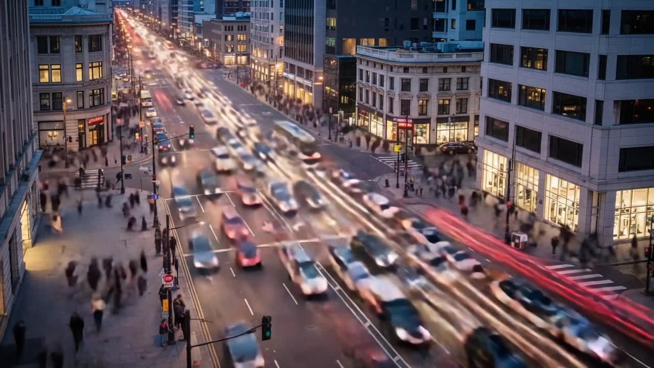 A bustling urban street scene showcases the dynamic interplay between vehicles and pedestrians as twilight descends, illuminating the city with vibrant lights and motion