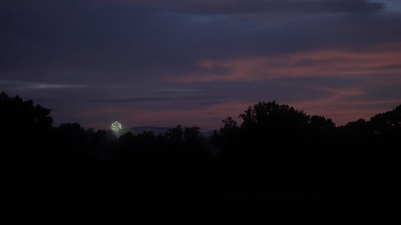 bola brillante brillante de fuegos artificiales explotando en el cielo al anochecer con silueta de árbol del bosque en el frente